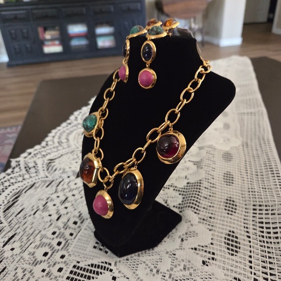 Lele Sadoughi Multi Gemstone Charm Necklace & Drop Earrings Set Gold Tone NEW - Picture 6 of 10